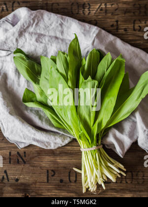 Bündel frische Ernte des Frühlings Bärlauch oder wilde Lauch kraut Blätter Bündel auf rustikalen Holzmöbeln Hintergrund Stockfoto