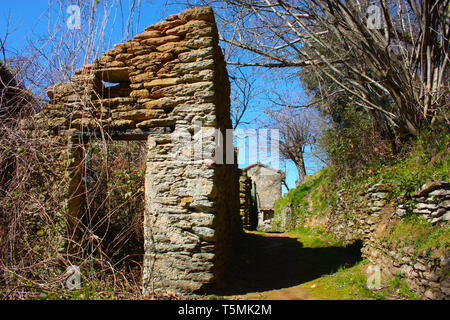 Stein, als Teil einer zerstörten und unbewohnten Haus, vom Grün der Vegetation angegriffen Stockfoto