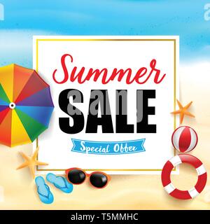 Sommer Sale Titile auf weißem Rechteck über abstrakten Hintergrund Draufsicht von Sand und Meer Strand Seestern Muschelkalk und Sonnenschirm für Sommerurlaub pro Stock Vektor