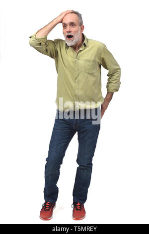 Mann mit Expression von vergesslichkeit oder Überraschung auf weißem Hintergrund Stockfoto