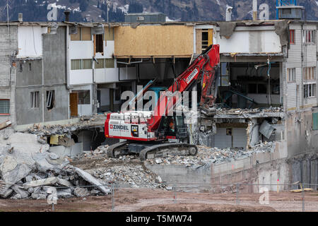 Maschgenkamm Gondel Abriss in Flumserberg, Schweiz. Stockfoto