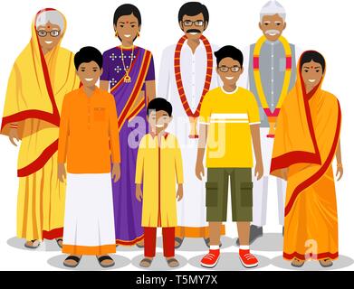 Familie und soziale Konzept. Indische person Generationen in verschiedenen Altersstufen. Satz von Menschen in traditionellen Nationale Kleidung Großmutter, Großvater, Vater Stock Vektor