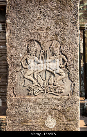 Wand Schnitzereien in Angkor Thom, Siem Reap, Kambodscha. Stockfoto