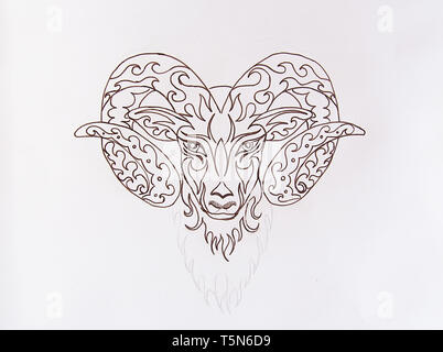 linear ornamental drawing of Aries, sacred animal symbol. Stockfoto
