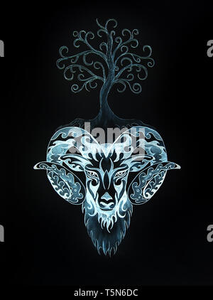 ornamental painting of Aries, sacred animal symbol and tree of life. Stockfoto