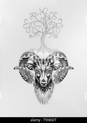 ornamental painting of Aries, sacred animal symbol and tree of life. Stockfoto
