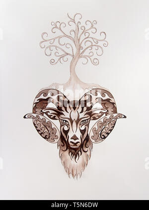 ornamental painting of Aries, sacred animal symbol and tree of life. Stockfoto