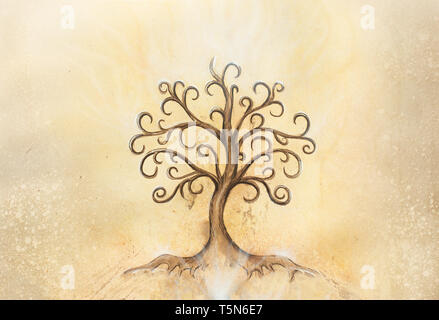 Baum des Lebens Symbol auf strukturierten Hintergrund, yggdrasil. Stockfoto