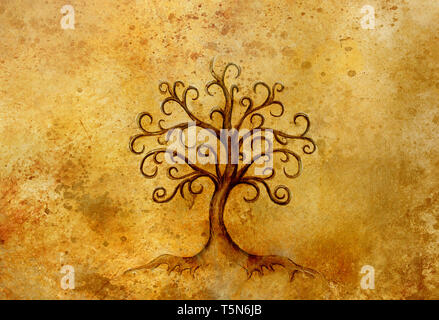 Baum des Lebens Symbol auf strukturierten Hintergrund, yggdrasil. Stockfoto