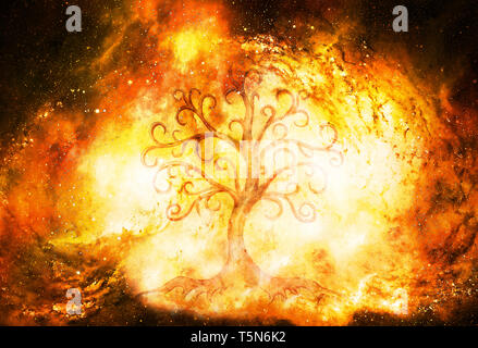 Baum des Lebens Symbol auf strukturierte und Raum Hintergrund, yggdrasil. Stockfoto