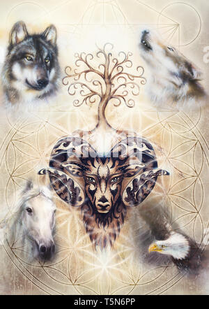 ornamental painting of Aries, sacred animal symbol, tree of life, flower of life and merkaba Stockfoto