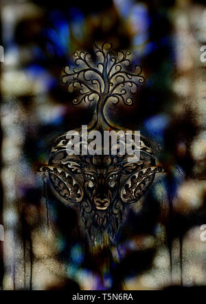 ornamental painting of Aries, sacred animal symbol and tree of life. Stockfoto