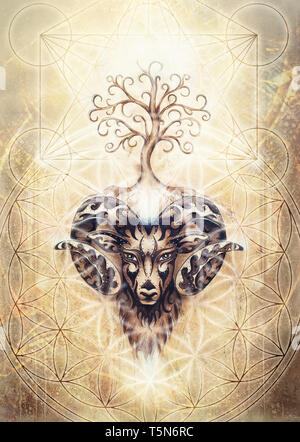 ornamental painting of Aries, sacred animal symbol, tree of life, flower of life and merkaba Stockfoto
