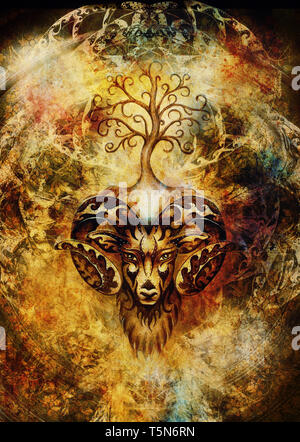 ornamental painting of Aries, sacred animal symbol and tree of life. Stockfoto