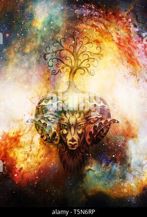 ornamental painting of Aries, sacred animal symbol and tree of life in cosmic space. Stockfoto