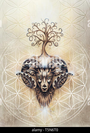 ornamental painting of Aries, sacred animal symbol, tree of life and flower of life. Stockfoto