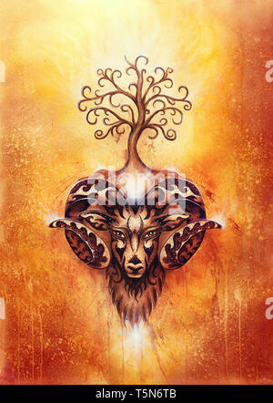 ornamental painting of Aries, sacred animal symbol and tree of life. Stockfoto