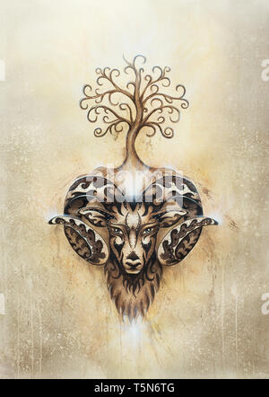 ornamental painting of Aries, sacred animal symbol and tree of life. Stockfoto