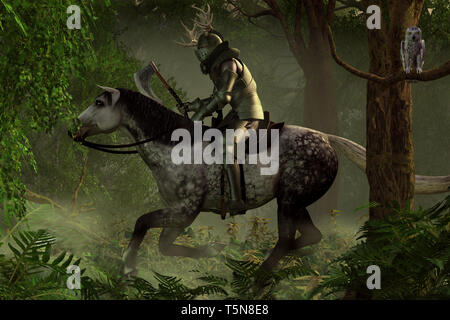 Einen gepanzerten mittelalterliche Ritter, Axt in der Hand, und mit einem Helm dekoriert mit Geweih, reitet sein Pferd durch einen dichten Wald. 3D-Rendering Stockfoto