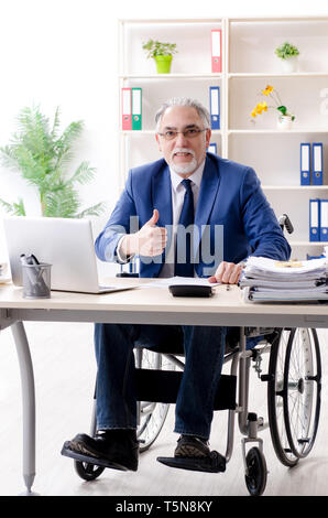 Im Alter von Beschäftigten im Rollstuhl die Arbeit im Büro Stockfoto
