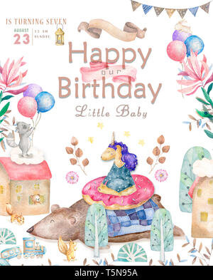 Aquarell isoliert cute Aquarell Einhorn clipart. Baumschule Einhörner Abbildung. Prinzessin Einhörner Poster. Trendy pink cartoon Pferd. Geburtstag Stockfoto