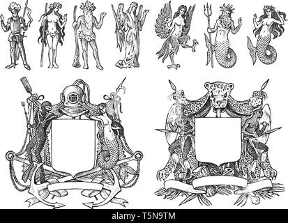 Heraldik im Vintage Style. Gravierte Wappen mit Tieren, Vögel, Tiere, Fabelwesen, Fisch, Drache, Einhorn, Löwe. Mittelalterliche Wappen und Logo Stock Vektor