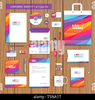 Weiß corporate id Template Design mit violett, gelb, pink abstrakte Elemente. Dokumentation für Unternehmen. Eps 10. Stockfoto