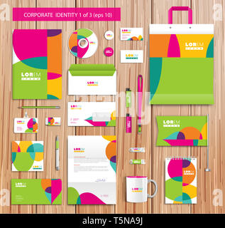 Weiß corporate id Template Design mit Grün, Gelb, Pink abstrakte Elemente. Dokumentation für Unternehmen. Eps 10. Stockfoto