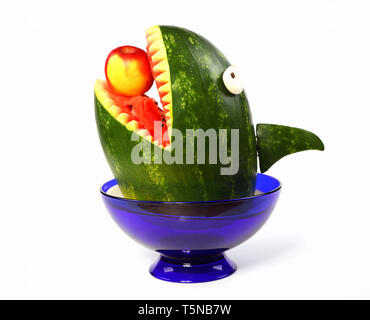 Wassermelone Shark Shark aus der Wassermelone geschnitzt Stockfoto