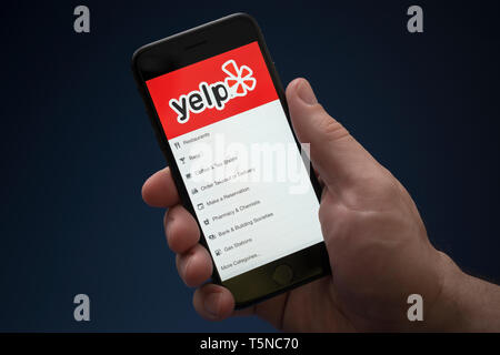 Ein Mann schaut auf seinem iPhone die zeigt die Yelp Logo (nur redaktionelle Nutzung). Stockfoto