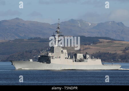 SPS Cristobal Colon (F105), Alvaro de Bazan-Klasse Fregatte von der spanischen Marine, vorbei an Gourock zu Beginn der Übung gemeinsame Krieger 19-1. Stockfoto