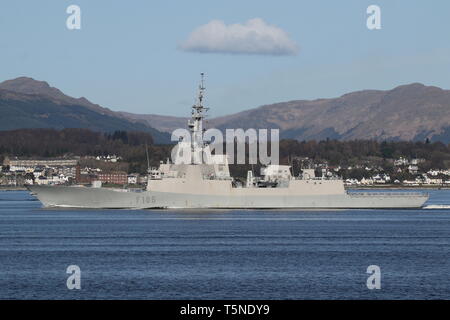 SPS Cristobal Colon (F105), Alvaro de Bazan-Klasse Fregatte von der spanischen Marine, vorbei an Gourock zu Beginn der Übung gemeinsame Krieger 19-1. Stockfoto