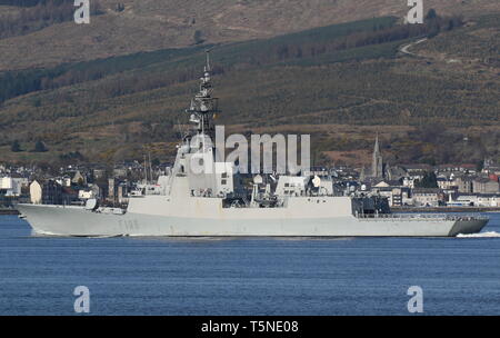 SPS Cristobal Colon (F105), Alvaro de Bazan-Klasse Fregatte von der spanischen Marine, vorbei an Gourock zu Beginn der Übung gemeinsame Krieger 19-1. Stockfoto