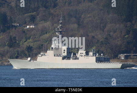 SPS Cristobal Colon (F105), Alvaro de Bazan-Klasse Fregatte von der spanischen Marine, vorbei an Gourock zu Beginn der Übung gemeinsame Krieger 19-1. Stockfoto