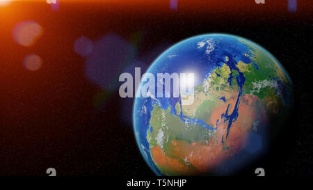 Sonnenaufgang über terraformed Mars, Pflanzen und Ozeane auf dem Roten Planeten Stockfoto