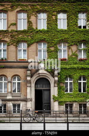 Neoklassische Architektur Gebäude aus dem Norden Europas. Efeu auf der Fassade und Fahrrad vor der Tür. Stockfoto