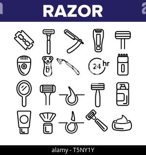 Rasierer, Rasierzubehör Vector Linear Symbole gesetzt Stock Vektor