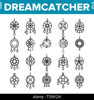 Dreamcatcher, Amulett Vektor dünne Linie Symbole gesetzt Stock Vektor