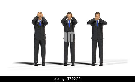3 Miniatur Abbildung Geschäftsleute in drei Affen posieren mit Schatten auf weißem Hintergrund (nichts sehen, nichts böses hören, nichts böses sprechen) Stockfoto