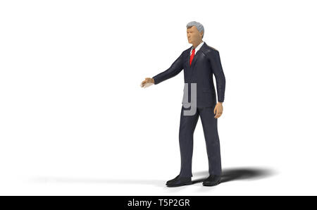 Spielzeug miniatur Geschäftsmann Figur präsentiert eine leere weiße Fläche, Konzept auf weißem Hintergrund Stockfoto