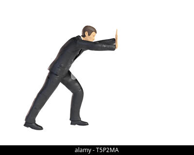 Spielzeug miniatur Geschäftsmann drücken Abbildung heben, figurine Konzept auf weißem Hintergrund Stockfoto