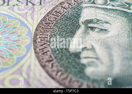 Polnischer Zloty (PLN) Banknoten - Closeup auf 100 PLN Banknote. Makroaufnahme. Konzentrieren Sie sich auf die Augen Stockfoto