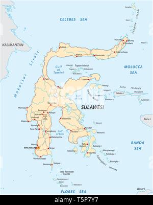 Vektor Straßen Karte der indonesischen Insel Sulawesi Stock Vektor