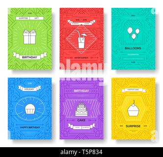 Happy birthday set Infografiken Vorlage Konzept. Symbole für Ihr Produkt oder Ihre Design-, Web- und mobile Anwendungen. Vektor Wohnung mit langen Schatten Abbildung auf blauem Hintergrund. Stock Vektor