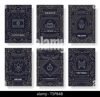 Israel vektor Broschüre Karten dünne Linie eingestellt. Land Vorlage von flyear, Zeitschriften, Plakate, Cover, Banner. Layout Kultur Umrisse Illustrationen moderne Seiten Stock Vektor