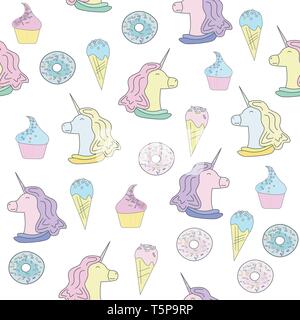 Abbildung mit Einhorn, Krapfen und Kuchen. Eis. Nahtlose Muster im flachen Stil auf weißem Hintergrund Stock Vektor