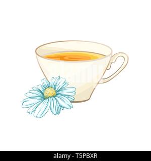 Porzellan oder Keramik Tasse Tee. Kamille oder Daisy Flower und grüner Tee. Pflanzliche Therapie. Aus Tee mit matricaria Lose Kräuter. Vector Illustration. Banner Design, Restaurant Menü, englisches Frühstück. Stock Vektor