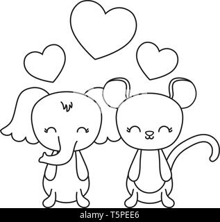 Süße Elefant mit Maus und Herzen Vector Illustration Design Stock Vektor