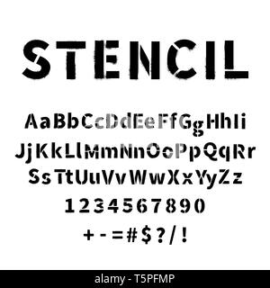 Realistische stencil Font mit schmutzigen Sprühfarbe Textur isoliert auf weißem Stock Vektor