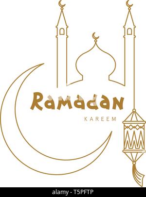 Moschee Kuppel und Turm, Halbmond, Laterne, Inschrift Ramadan Kareem. Im orientalischen Stil Symbol des Ramadan Kareem, Arabisch islamischen muslimischen Gemeinschaft fes Stock Vektor